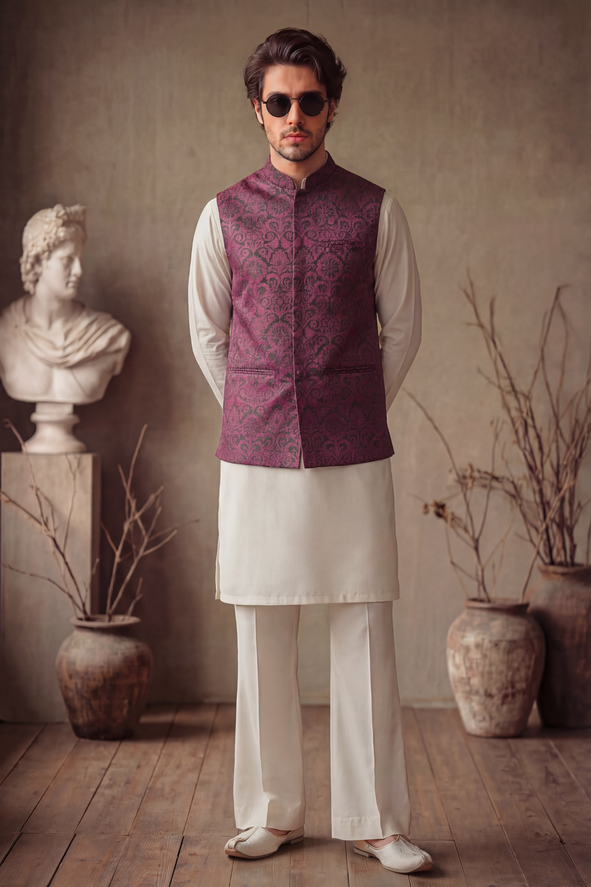 PURPLE FLORAL JAMAWAR WAISTCOAT Clothing Humayunalamgir