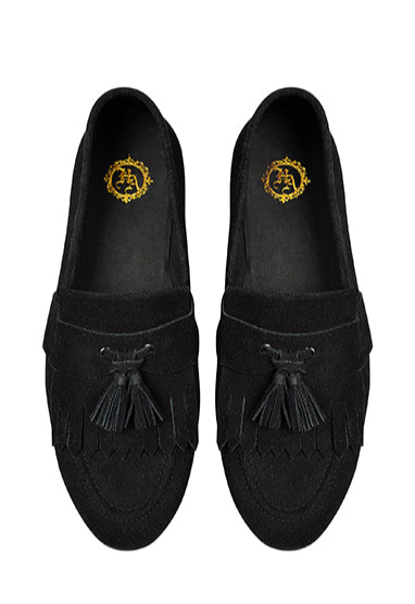 Black Suede Leather Frill With Dori Tussle Shoes humyaunalamgir