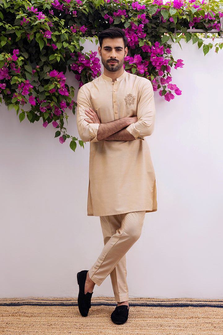 Beige cotton silk kurta pajama Casual humyaunalamgir