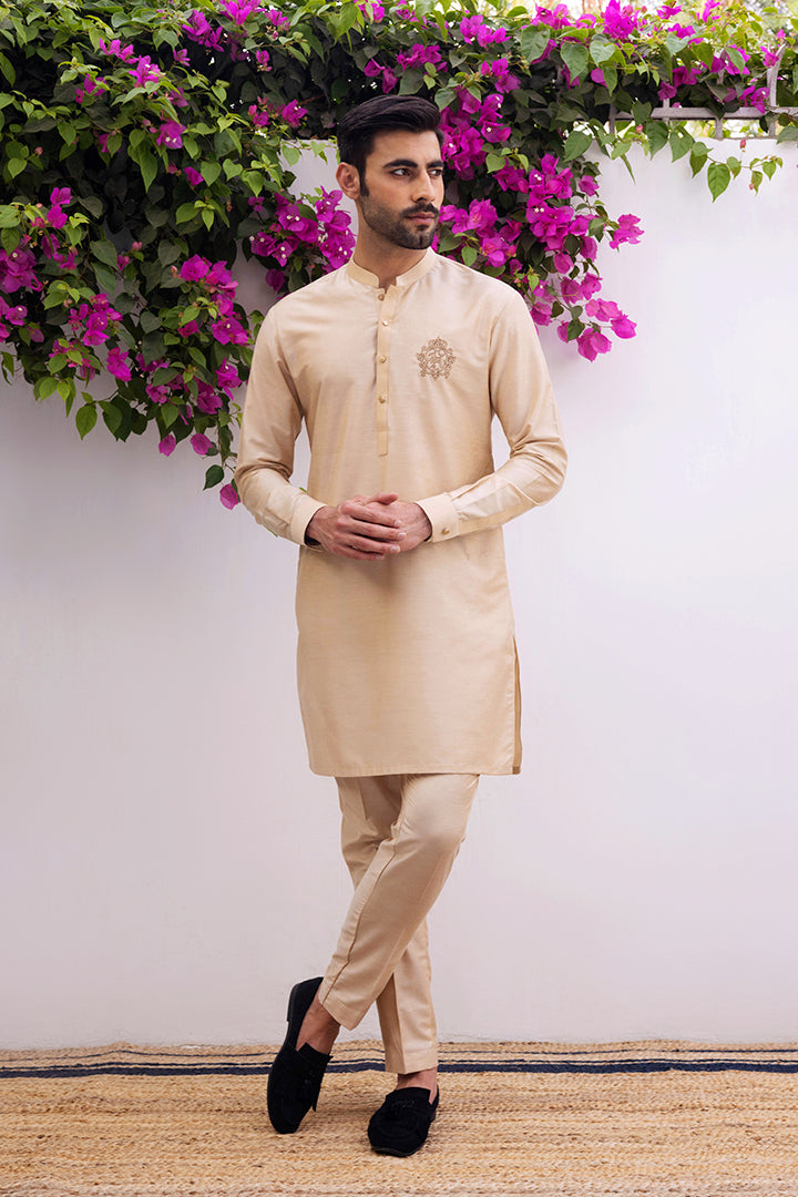 Beige cotton silk kurta pajama Casual humyaunalamgir