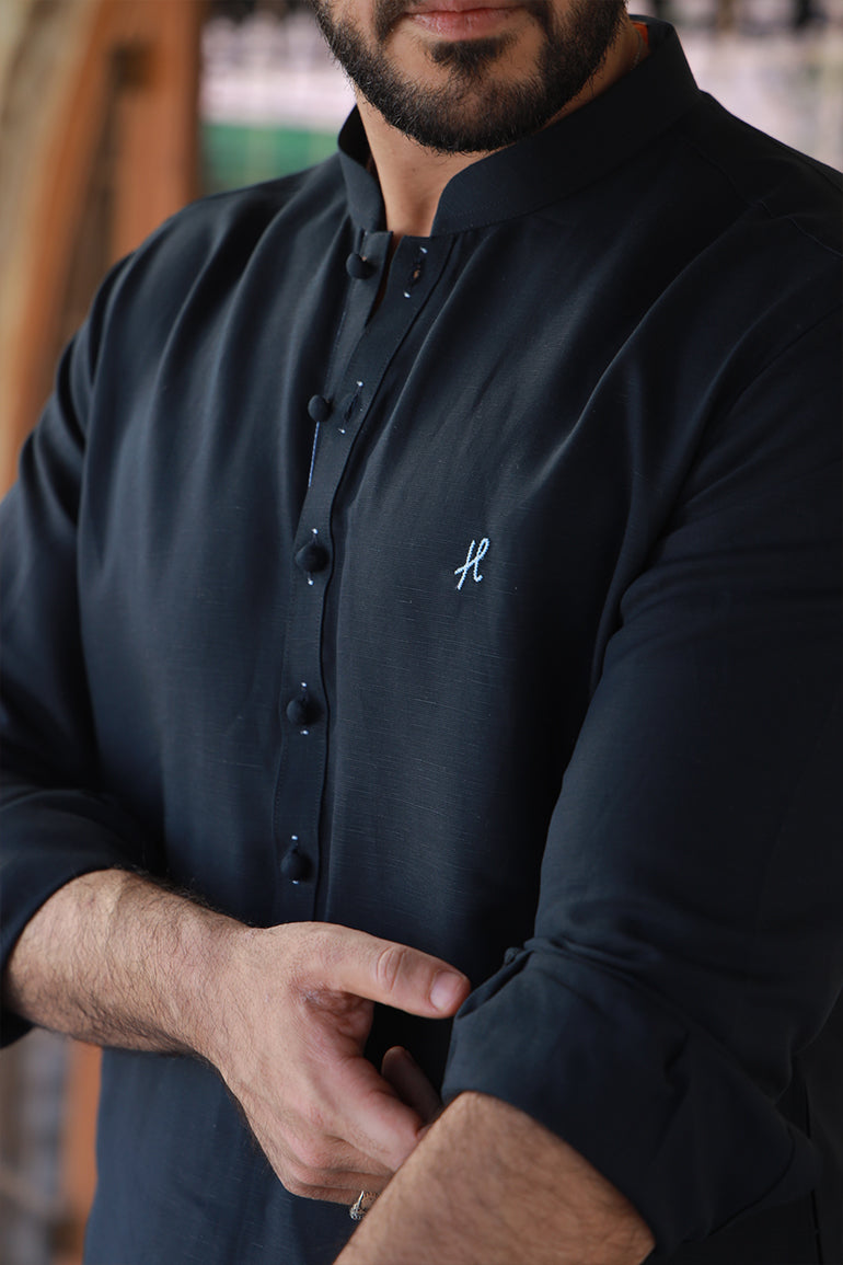 NAVY BLUE LINEN KURTA PAJAMA Humayunalamgir