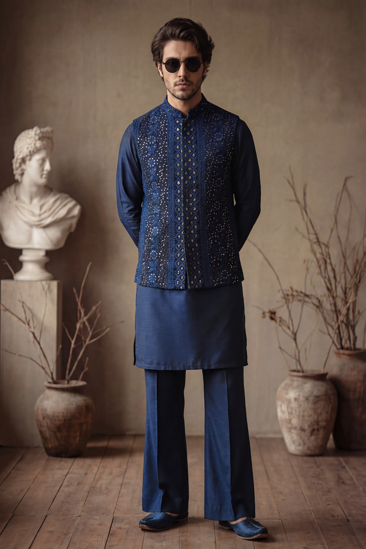 NAVY BLUE EMBOSSED SEQUENCE WAISTCOAT Clothing Humayunalamgir