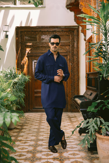 OXFORD BLUE LINEN KURTA PAJAMA