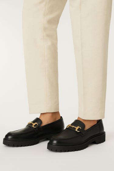 BLACK CHUNKY LEATHER LOAFERS WITH GOLDEN BUCKLE Shoes Humayun Alamgir