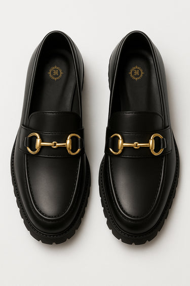 BLACK CHUNKY LEATHER LOAFERS WITH GOLDEN BUCKLE Shoes Humayun Alamgir