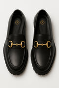BLACK CHUNKY LEATHER LOAFERS WITH GOLDEN BUCKLE Shoes Humayun Alamgir