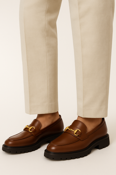 BROWN CHUNKY LEATHER LOAFERS WITH GOLDEN BUCKLE Shoes Humayun Alamgir