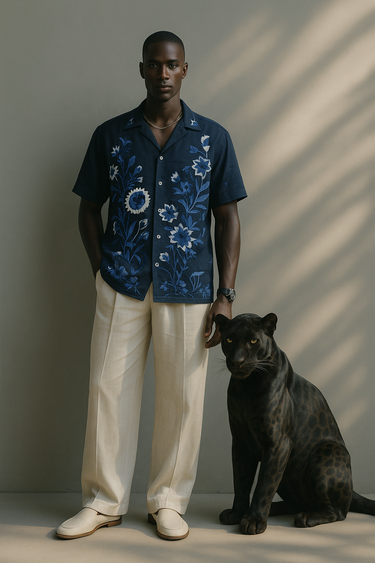 Navy Blue Floral Embroidered Shirt Humayunalamgir