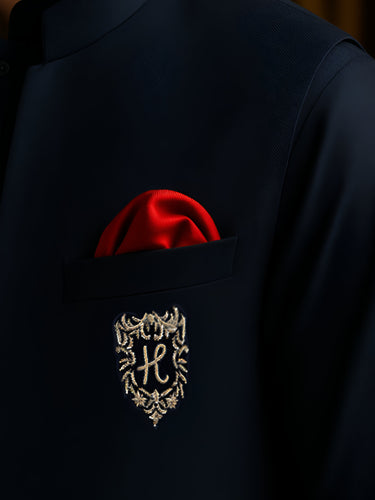 NAVY-BLUE FRONT OPEN WAISTCOAT WITH GOLDEN MOTIVE Waist Coats Humayun Alamgir