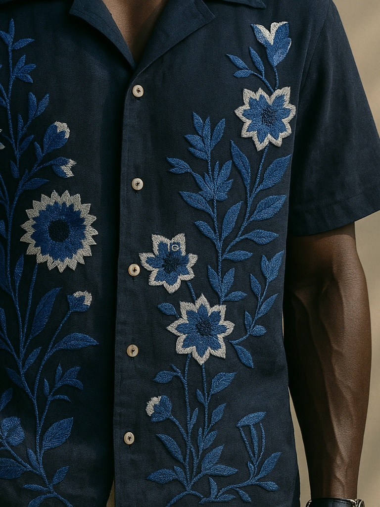 Navy blue Floral Embroidered Shirt Humayunalamgir