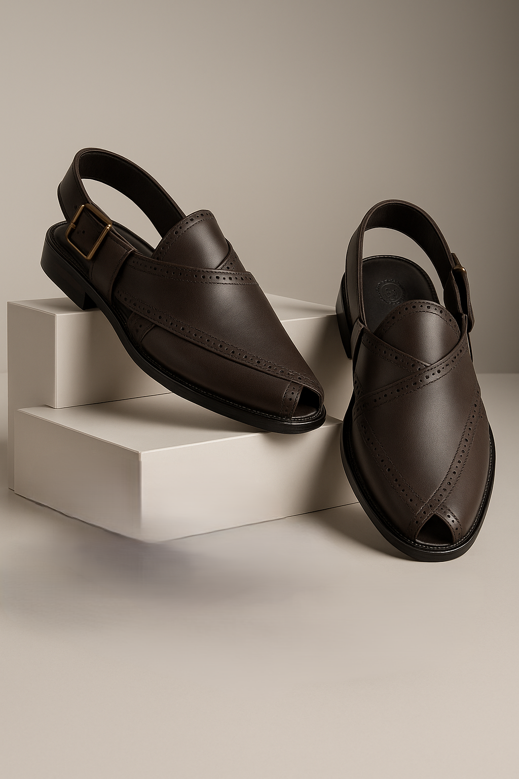 BROWN LEATHER BROKE PESHAWARI SANDAL SLIDES-SLIPONS humayaunalamgir