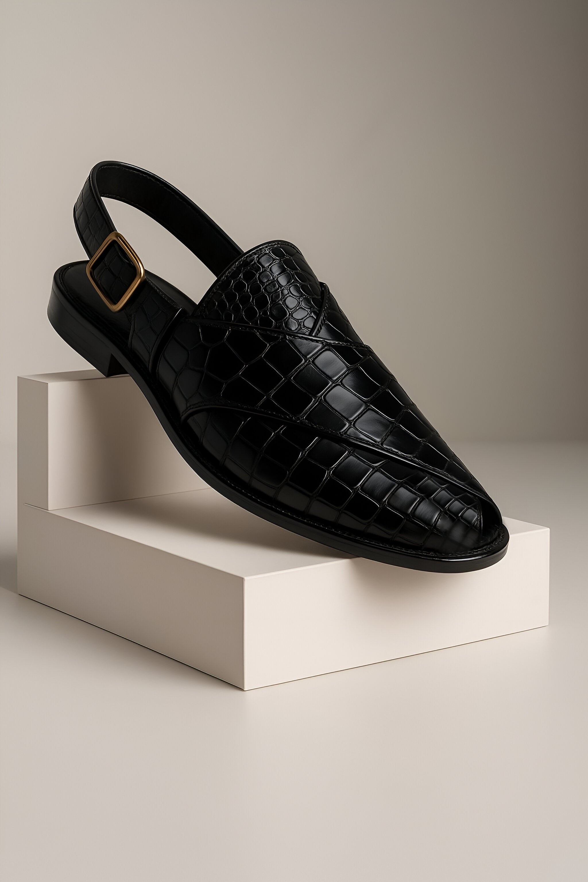 BLACK CROCODILE LEATHER PESHAWARI SANDAL SLIDES-SLIPONS humayaunalamgir