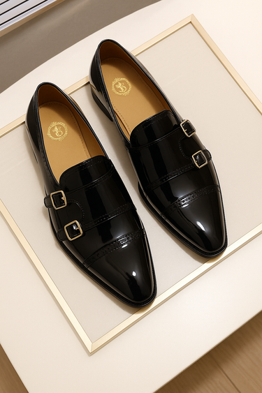 BLACK GLOSSY MONK STRAP FORMAL SHOES Humayunalamgir