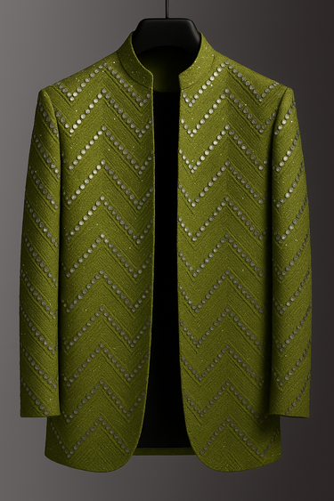 GREEN MIRROR EMBOSSED FRONT OPEN PRINCE COAT Humayunalamgir
