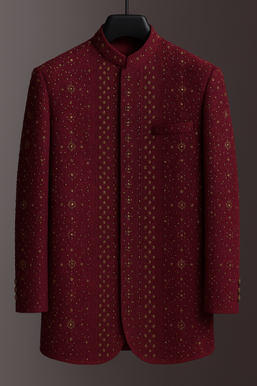 RED SEQUENCE EMBOSSED PRINCE COAT Humayunalamgir