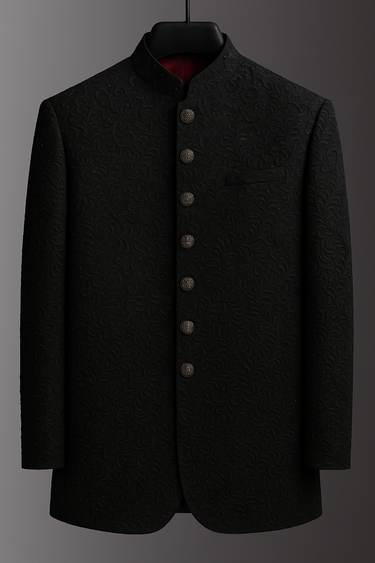 BLACK EMBOSSED PRINCE COAT Humayunalamgir