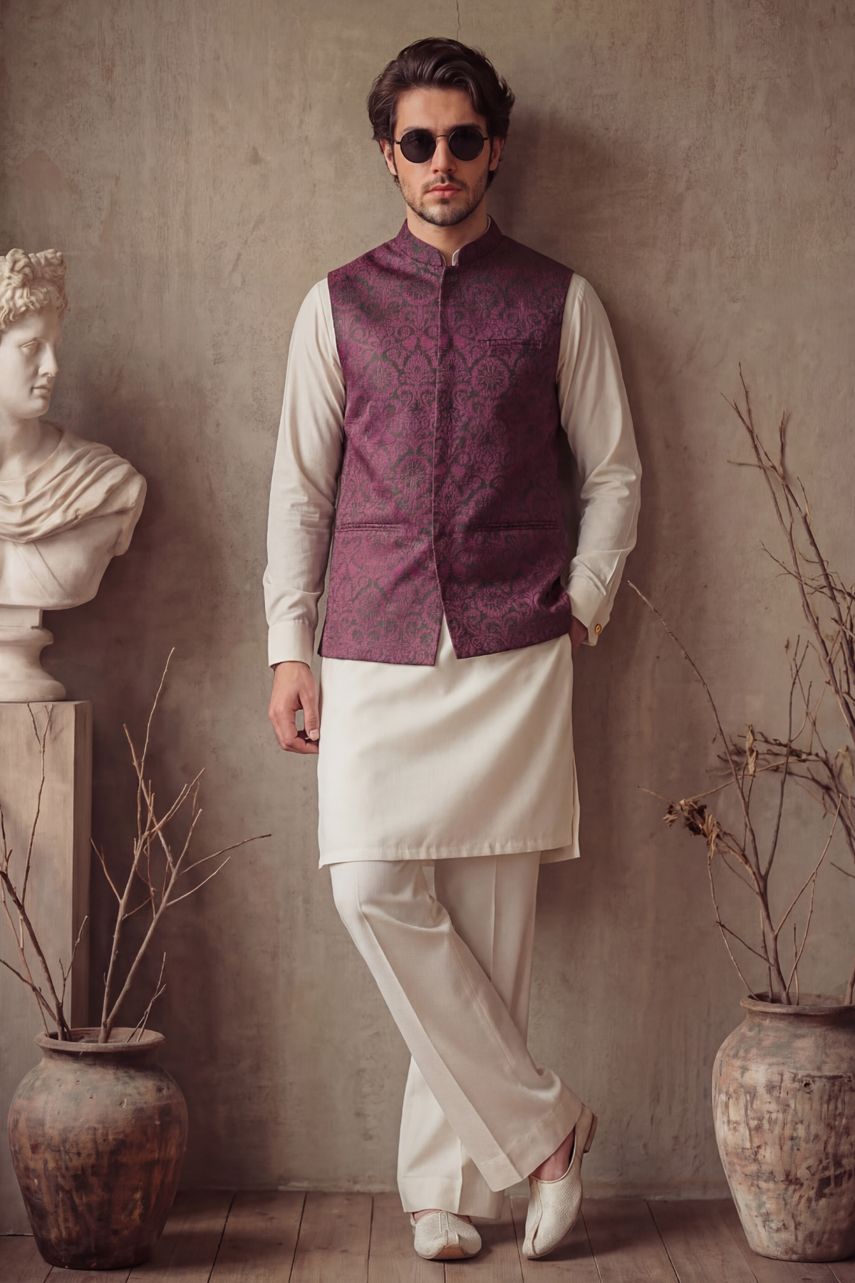 PURPLE FLORAL JAMAWAR WAISTCOAT Clothing Humayunalamgir