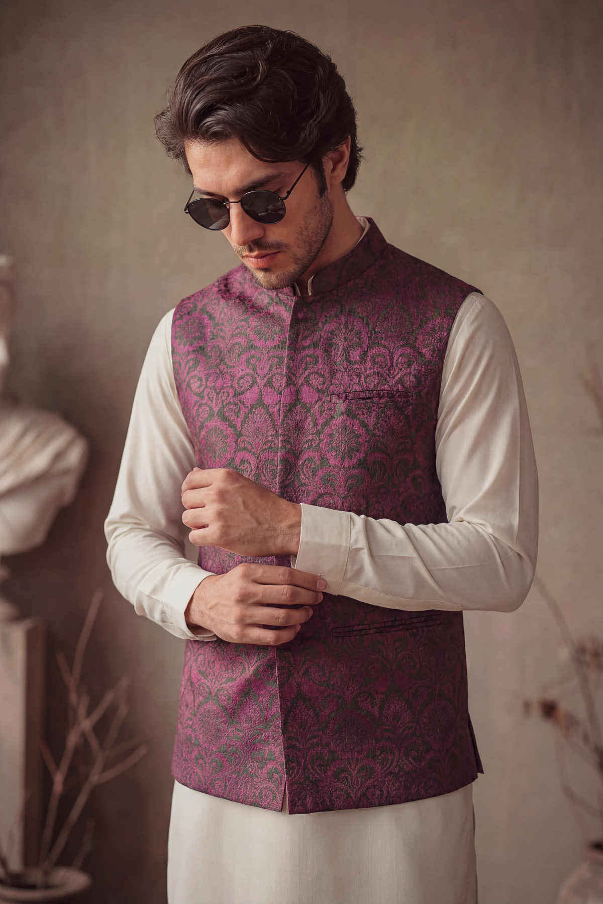 PURPLE FLORAL JAMAWAR WAISTCOAT Clothing Humayunalamgir