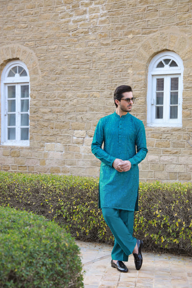 -SHAHKAAR- TEAL GREEN KURTA PAJAMA Humayunalamgir