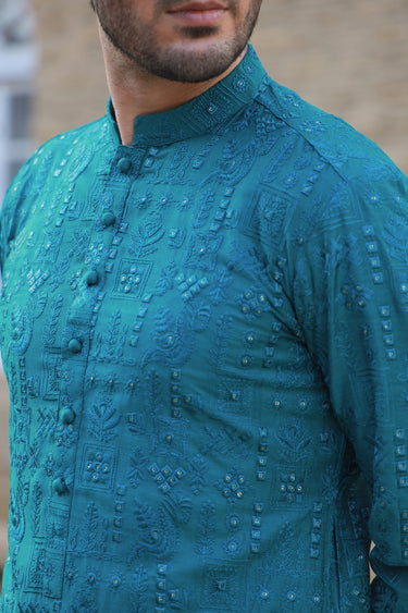 -SHAHKAAR- TEAL GREEN KURTA PAJAMA Humayunalamgir