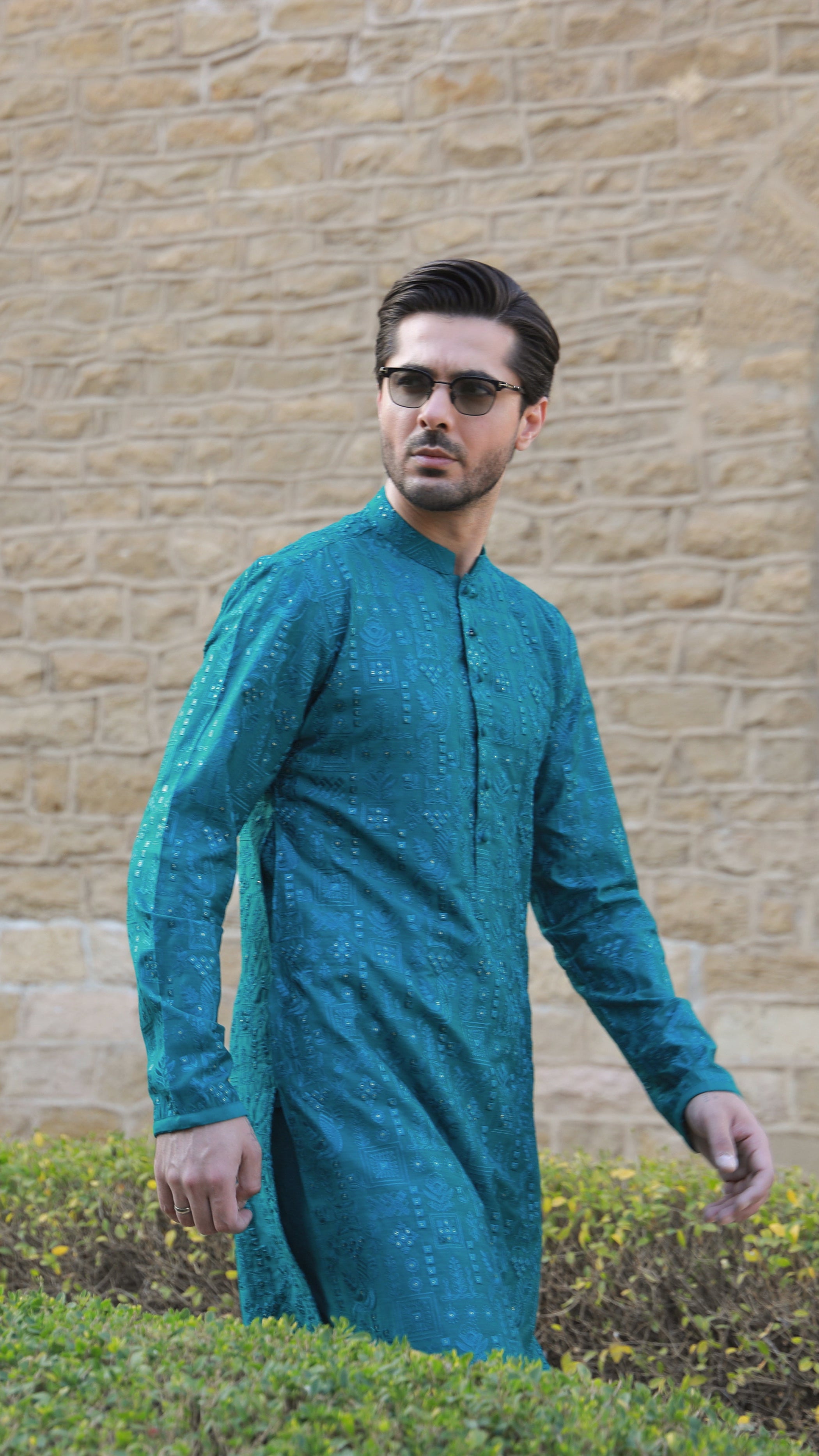-SHAHKAAR- TEAL GREEN KURTA PAJAMA Humayunalamgir