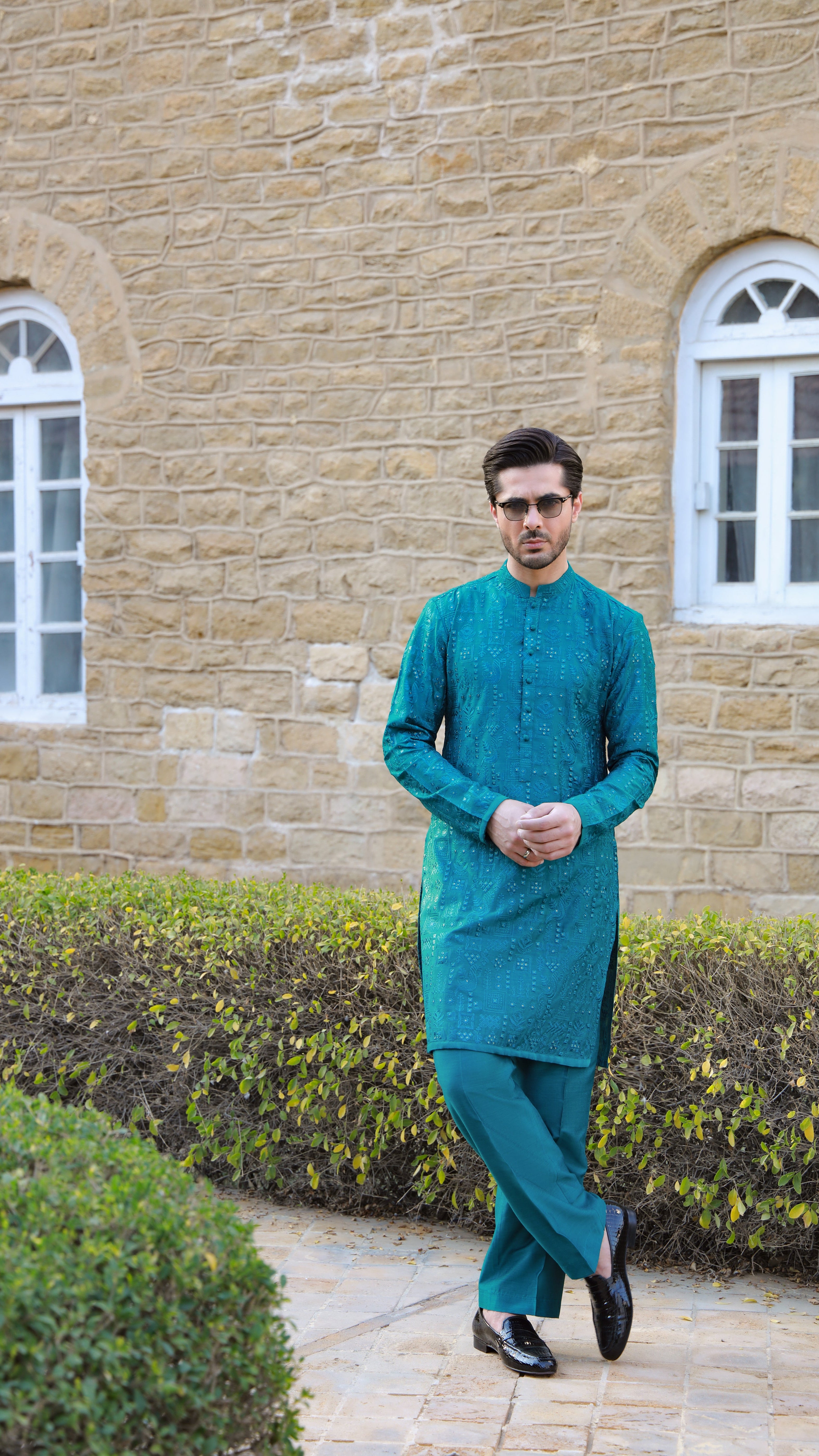 -SHAHKAAR- TEAL GREEN KURTA PAJAMA Humayunalamgir