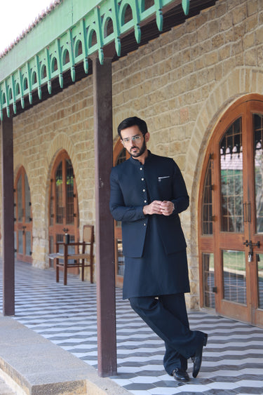 NAVY BLUE LINEN WAIST COAT Humayunalamgir