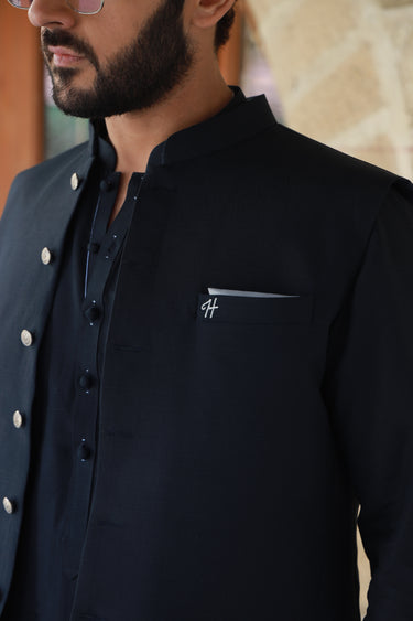 NAVY BLUE LINEN WAIST COAT Humayunalamgir