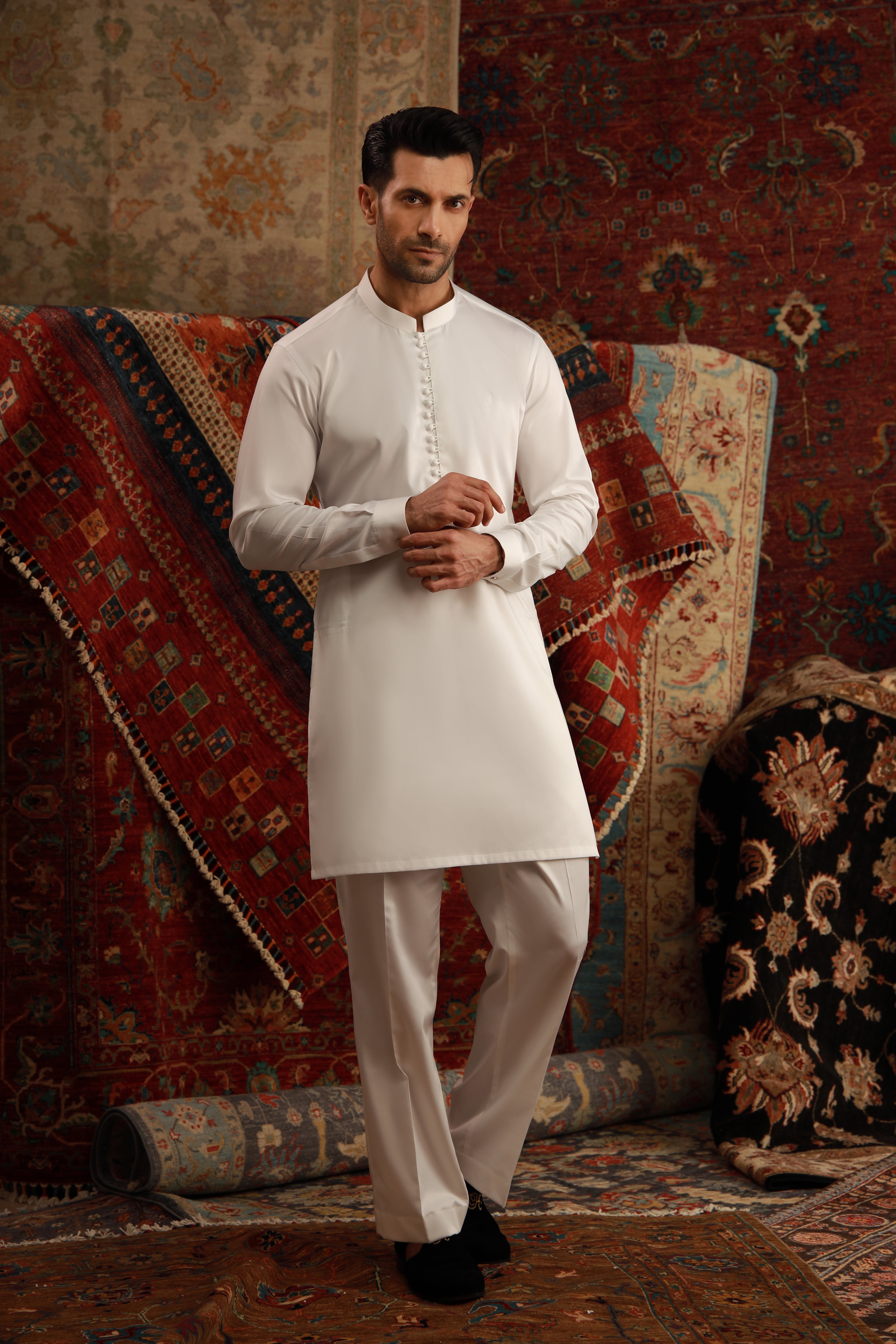 WHITE EGYPTIAN COTTON SATIN KURTA PAJAMA Humayunalamgir