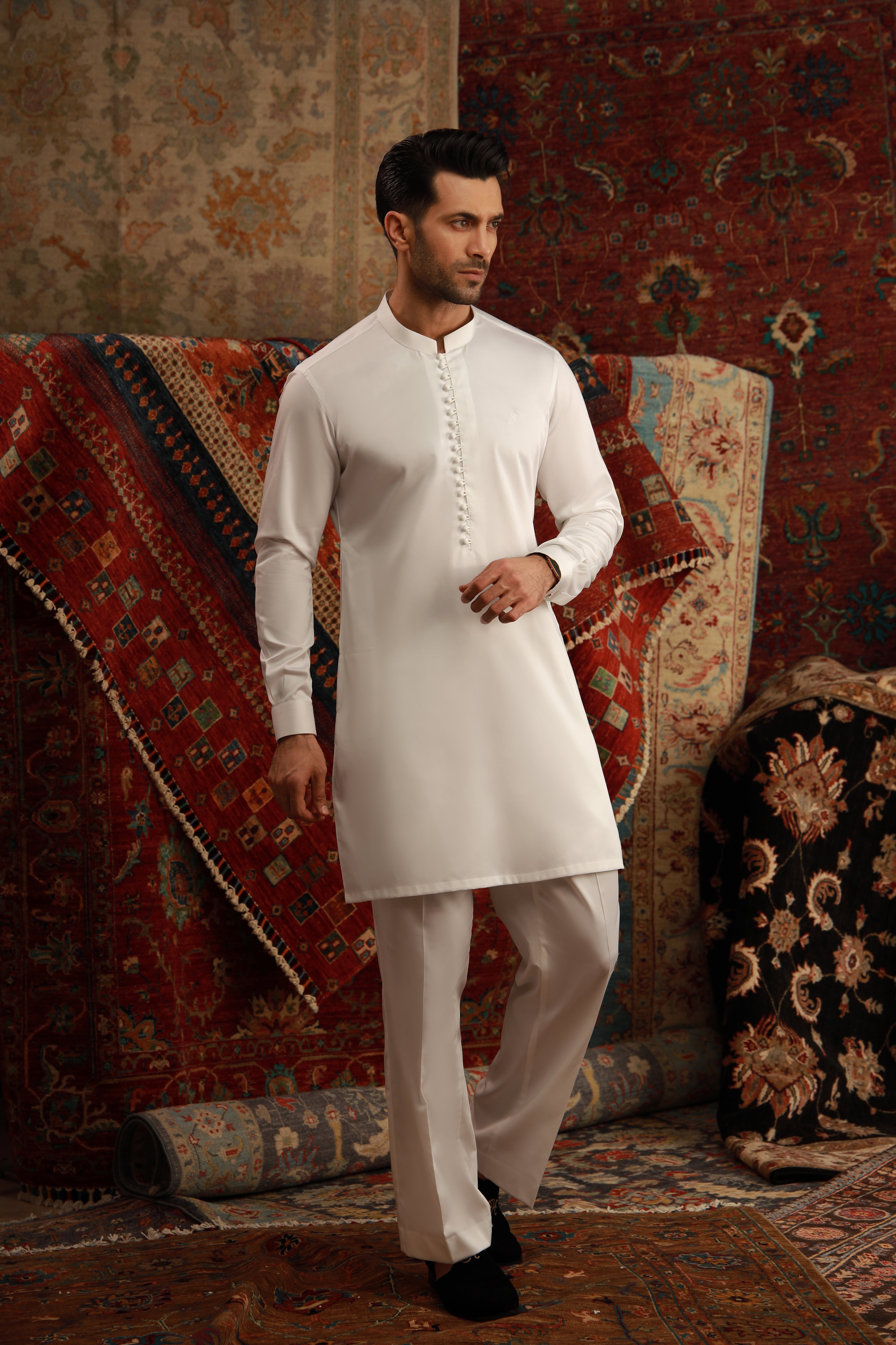 WHITE EGYPTIAN COTTON SATIN KURTA PAJAMA Humayunalamgir