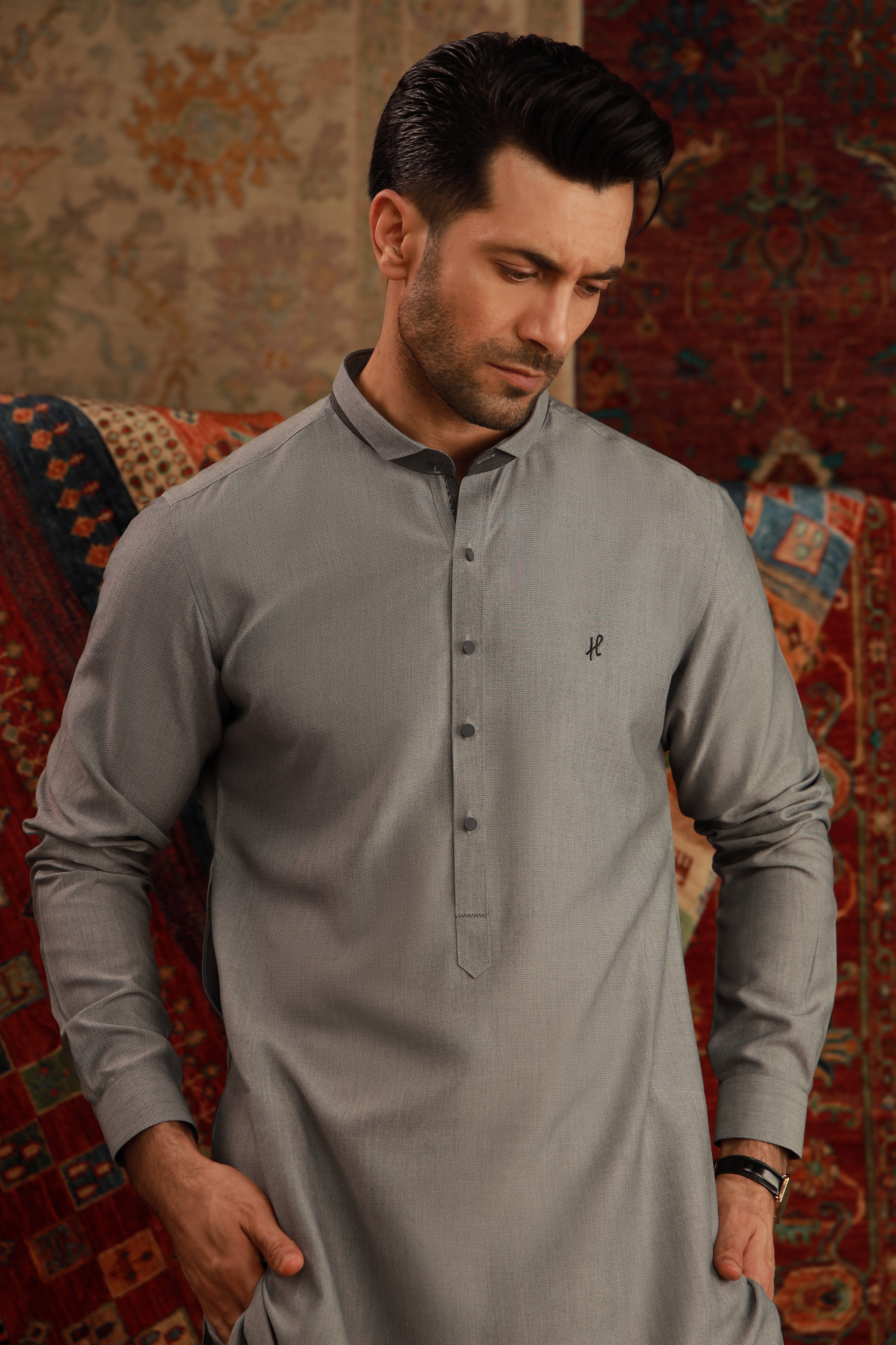 LIGHT GREY SELF WASH N WEAR KURTA PAJAMA Humayunalamgir