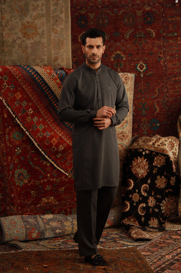 CHARCOAL GREY SELF WASH N WEAR KURTA PAJAMA