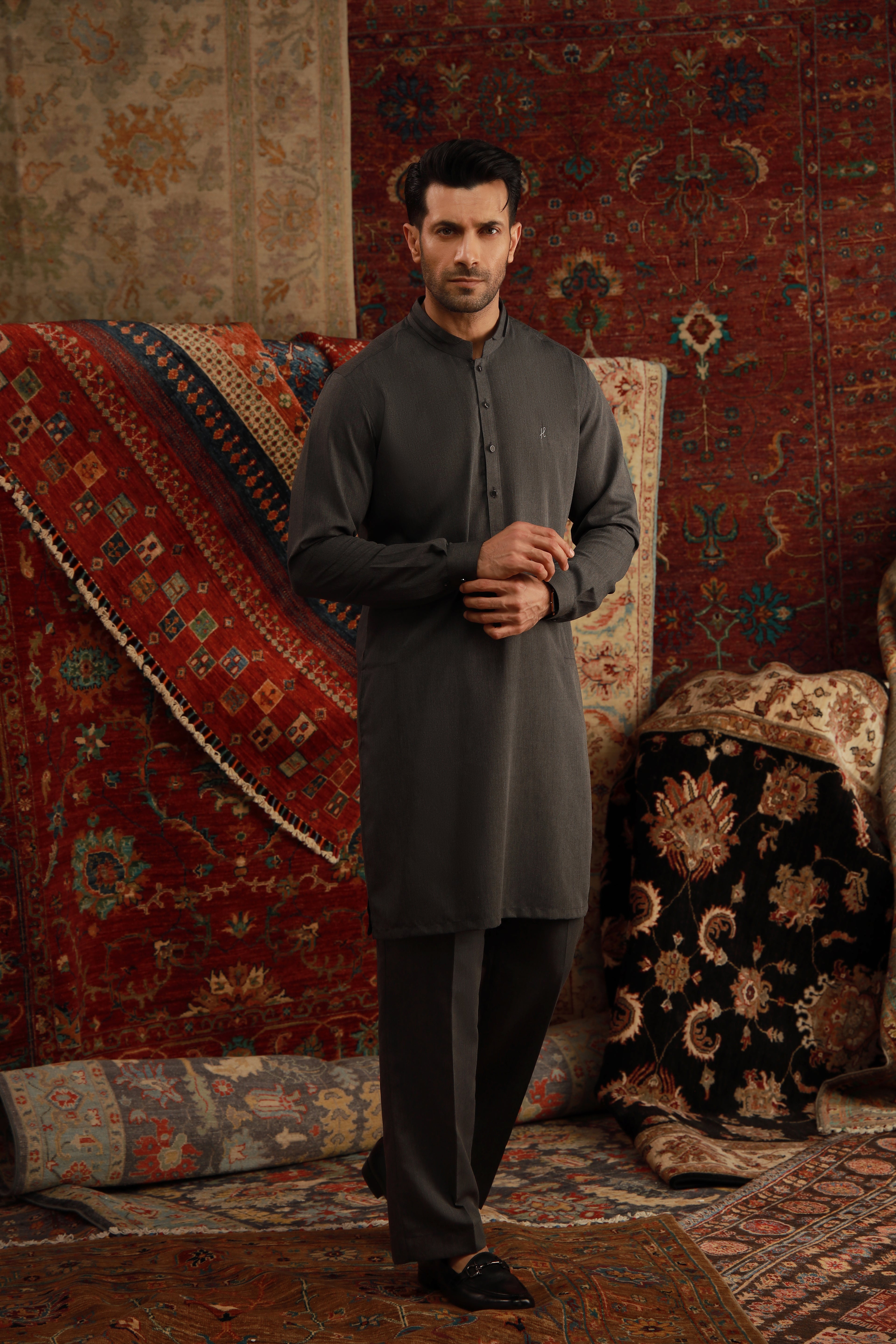 CHARCOAL GREY SELF WASH N WEAR KURTA PAJAMA Humayunalamgir