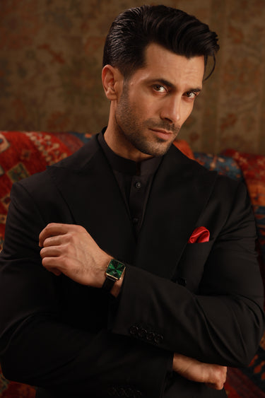 BLACK LINEN DOUBLE BREASTED BLAZER Humayunalamgir