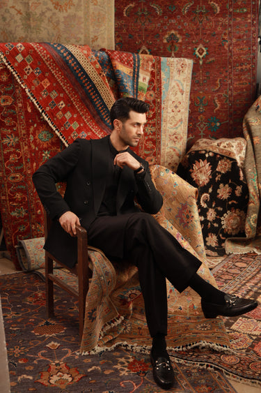 BLACK LINEN DOUBLE BREASTED BLAZER Humayunalamgir