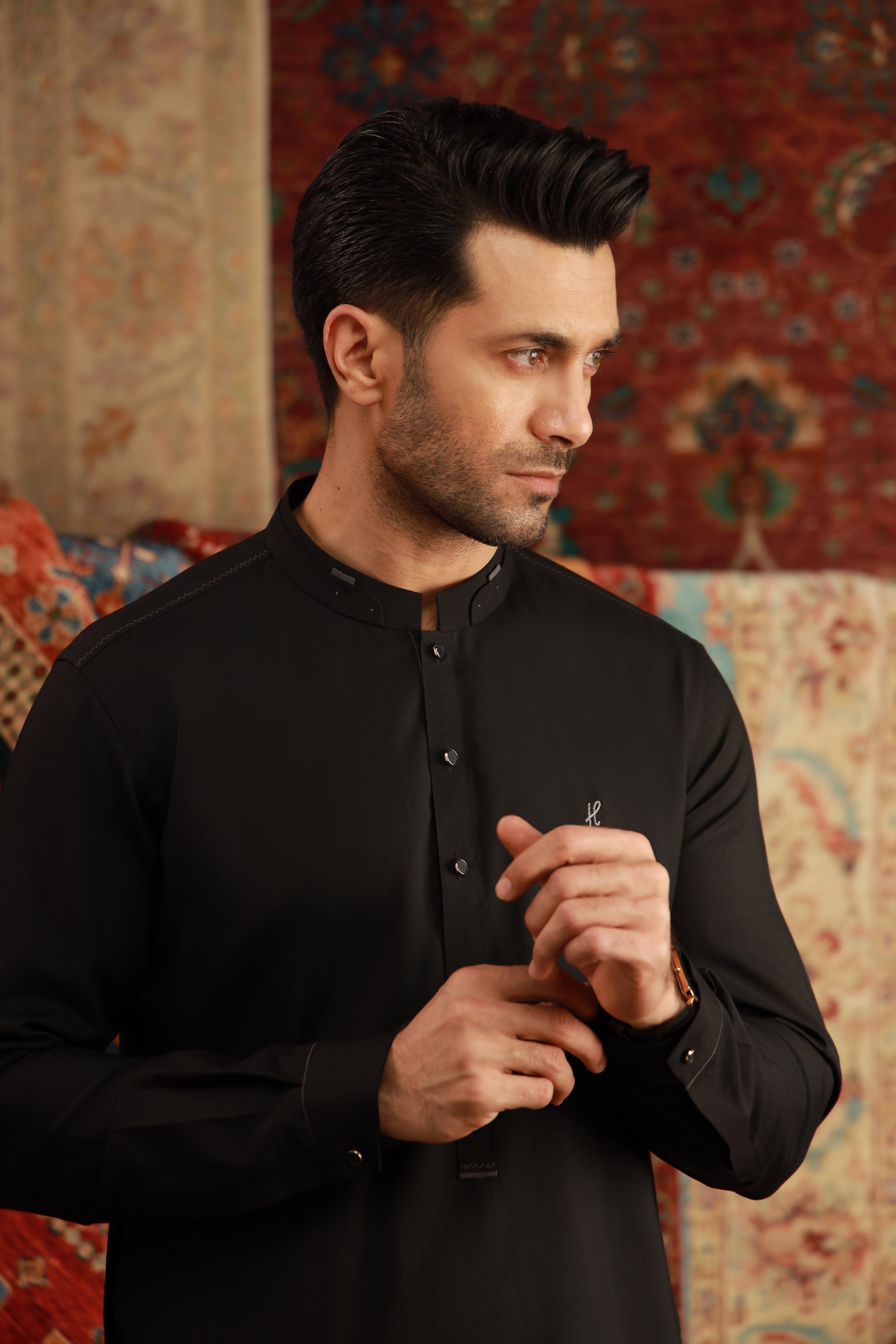 BLACK BOSKY KURTA PAJAMA Humayunalamgir