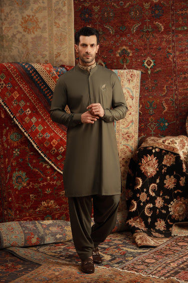 OLIVE GREEN WASH N WEAR SHALWAR QAMEEZ Humayunalamgir