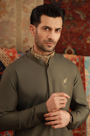 OLIVE GREEN WASH N WEAR SHALWAR QAMEEZ Humayunalamgir