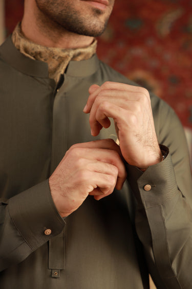 OLIVE GREEN WASH N WEAR SHALWAR QAMEEZ Humayunalamgir