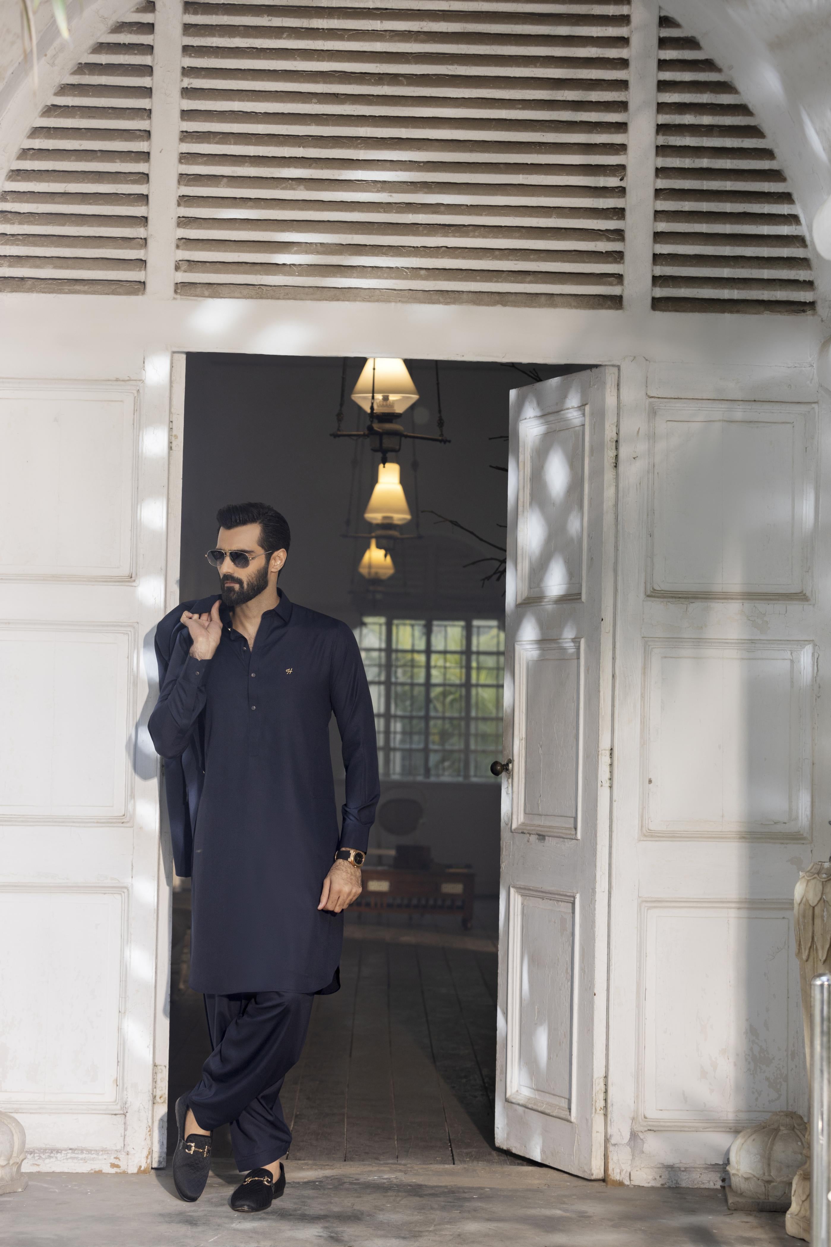 Navy Blue Wash N Wear Shalwar Kameez Luxury Formal, Shalwar Kameez Humayun Alamgir