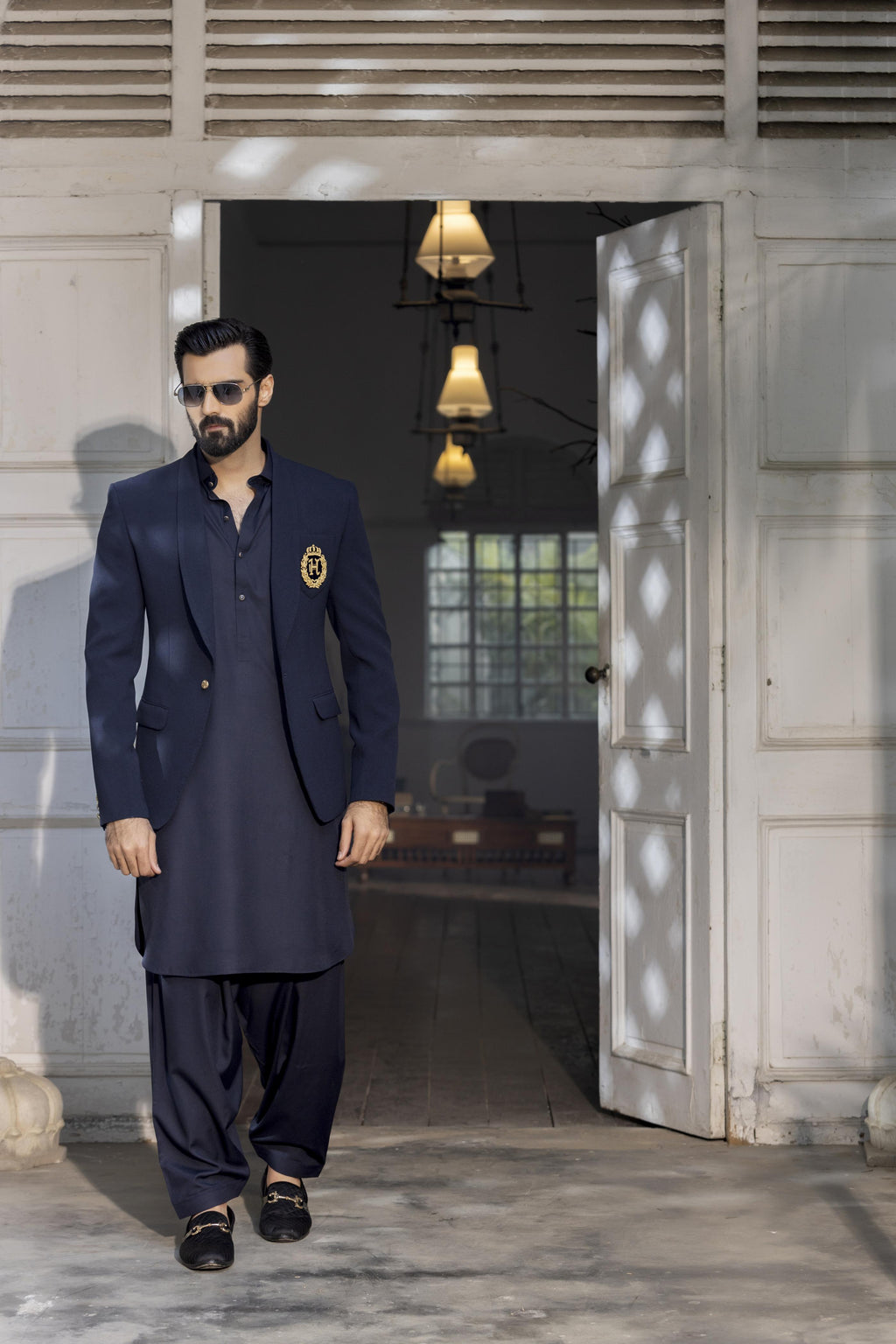 Navy Blue Wash N Wear Shalwar Kameez Luxury Formal, Shalwar Kameez Humayun Alamgir