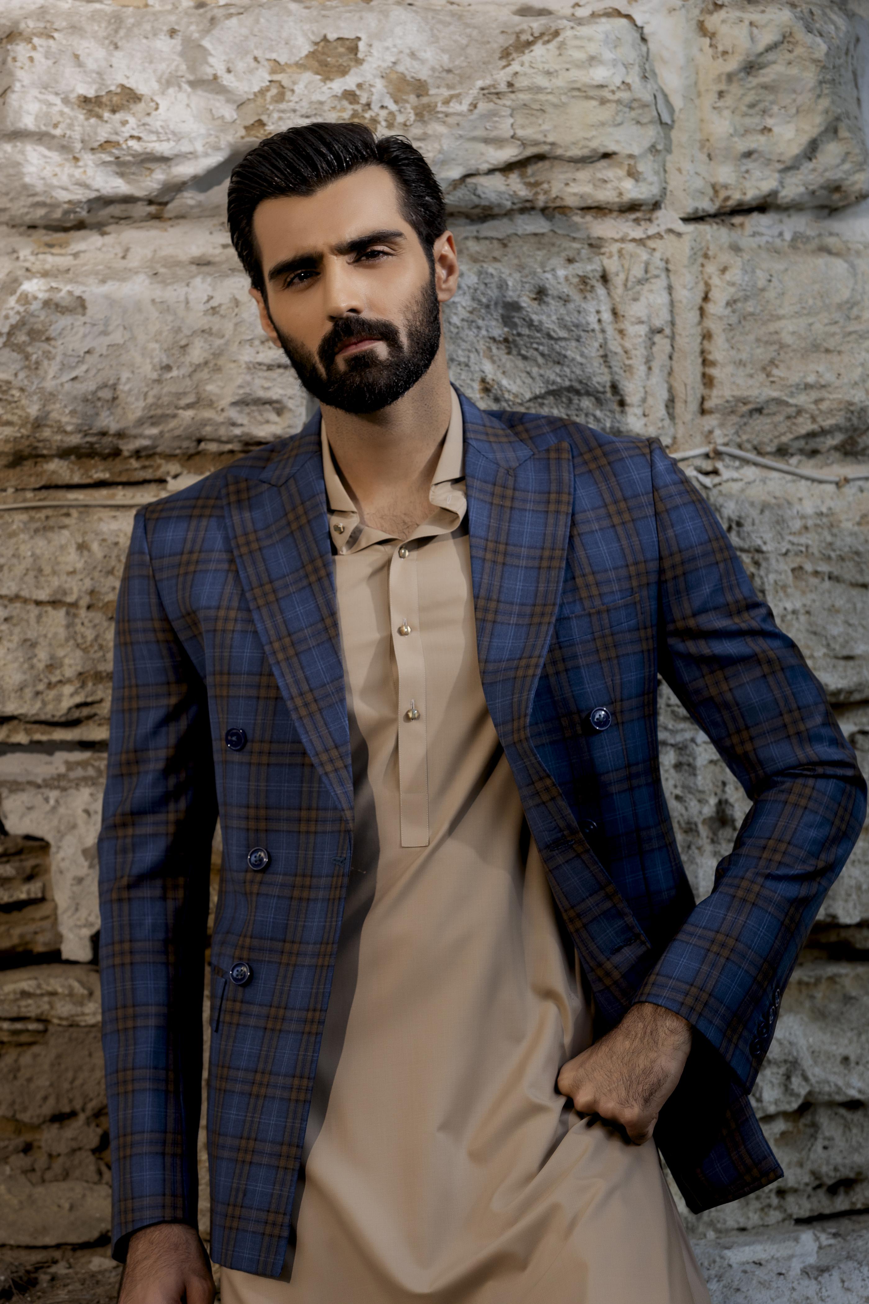 Blue Double Breasted Checkered jacket Humayun Alamgir