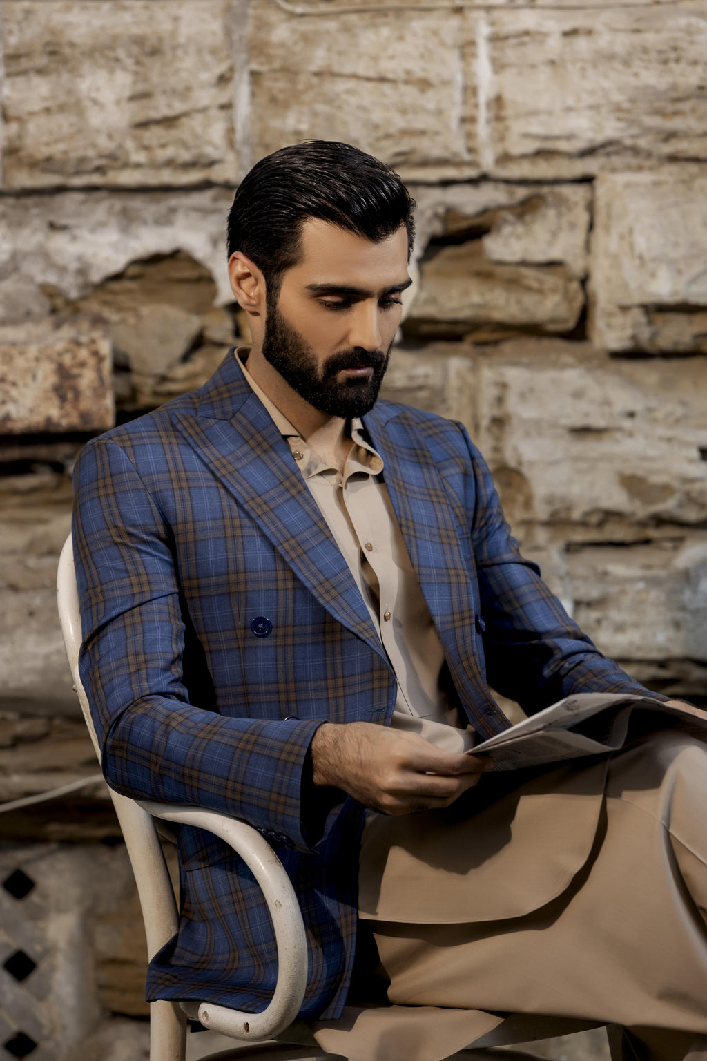 Blue Double Breasted Checkered jacket Humayun Alamgir