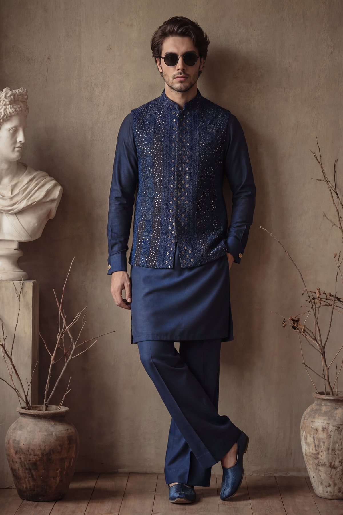 NAVY BLUE EMBOSSED SEQUENCE WAISTCOAT Clothing Humayunalamgir