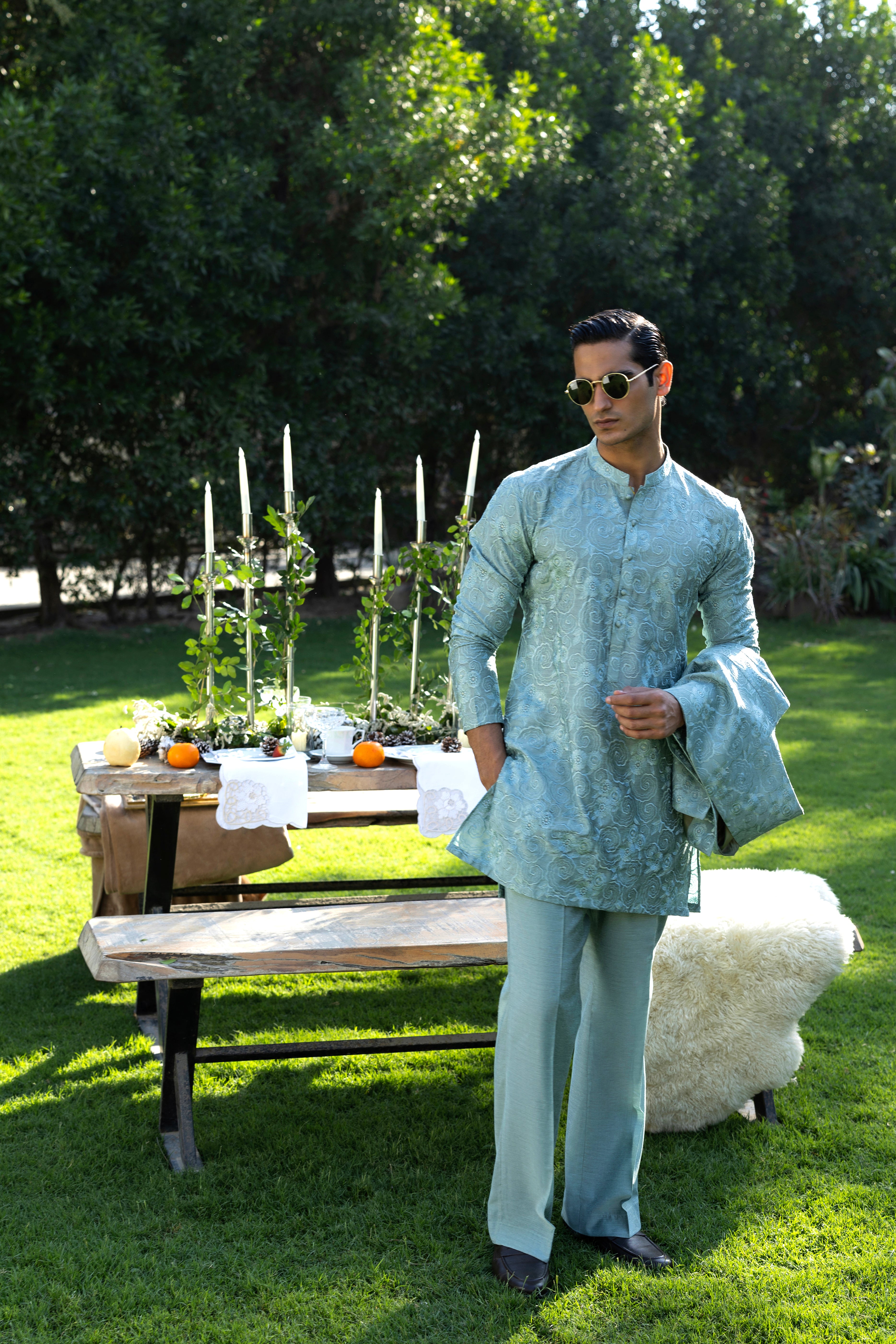 Mint Green Phool Kaari Kurta Pajama