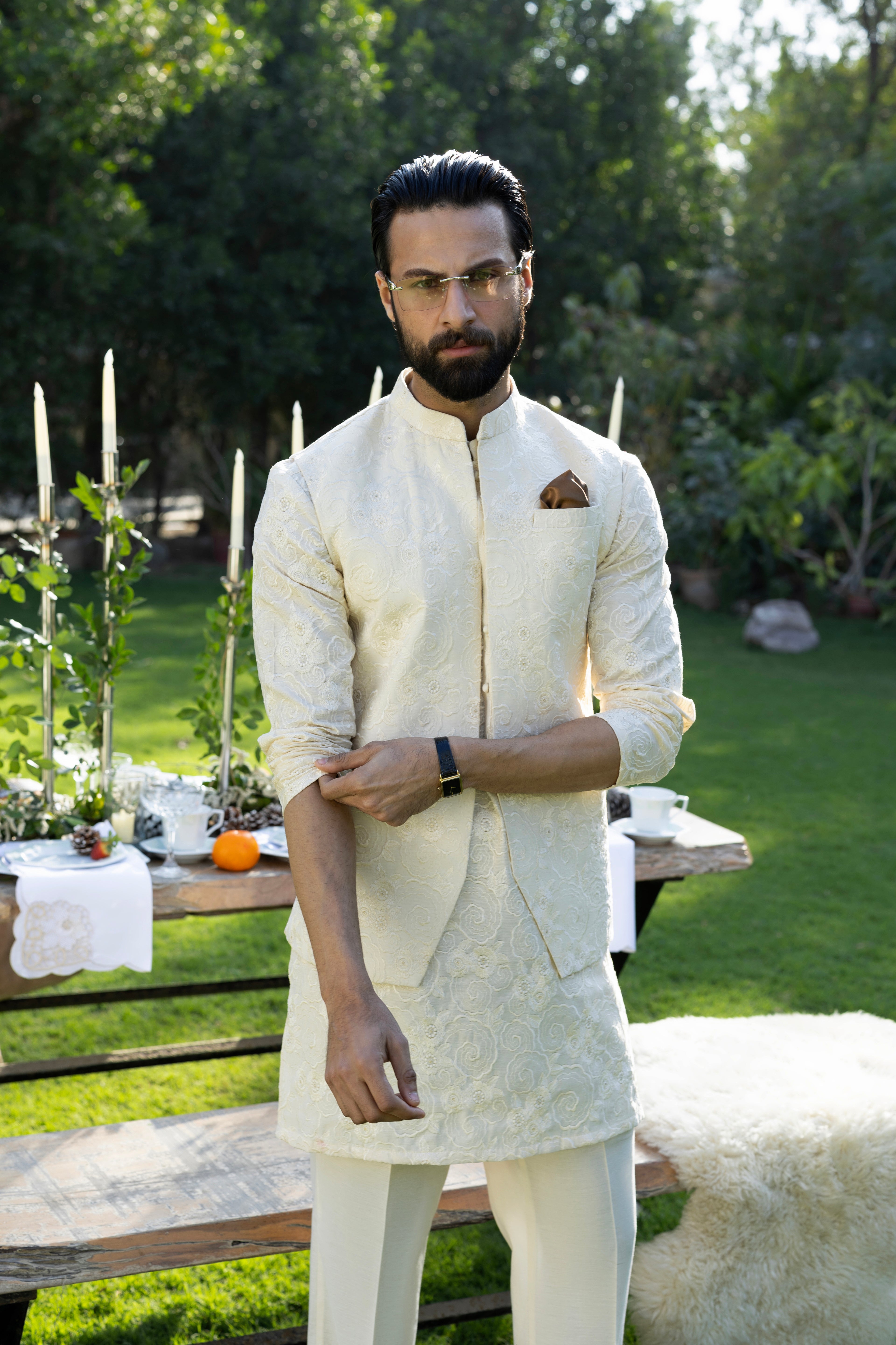 Beige Phool Kaari Kurta Pajama