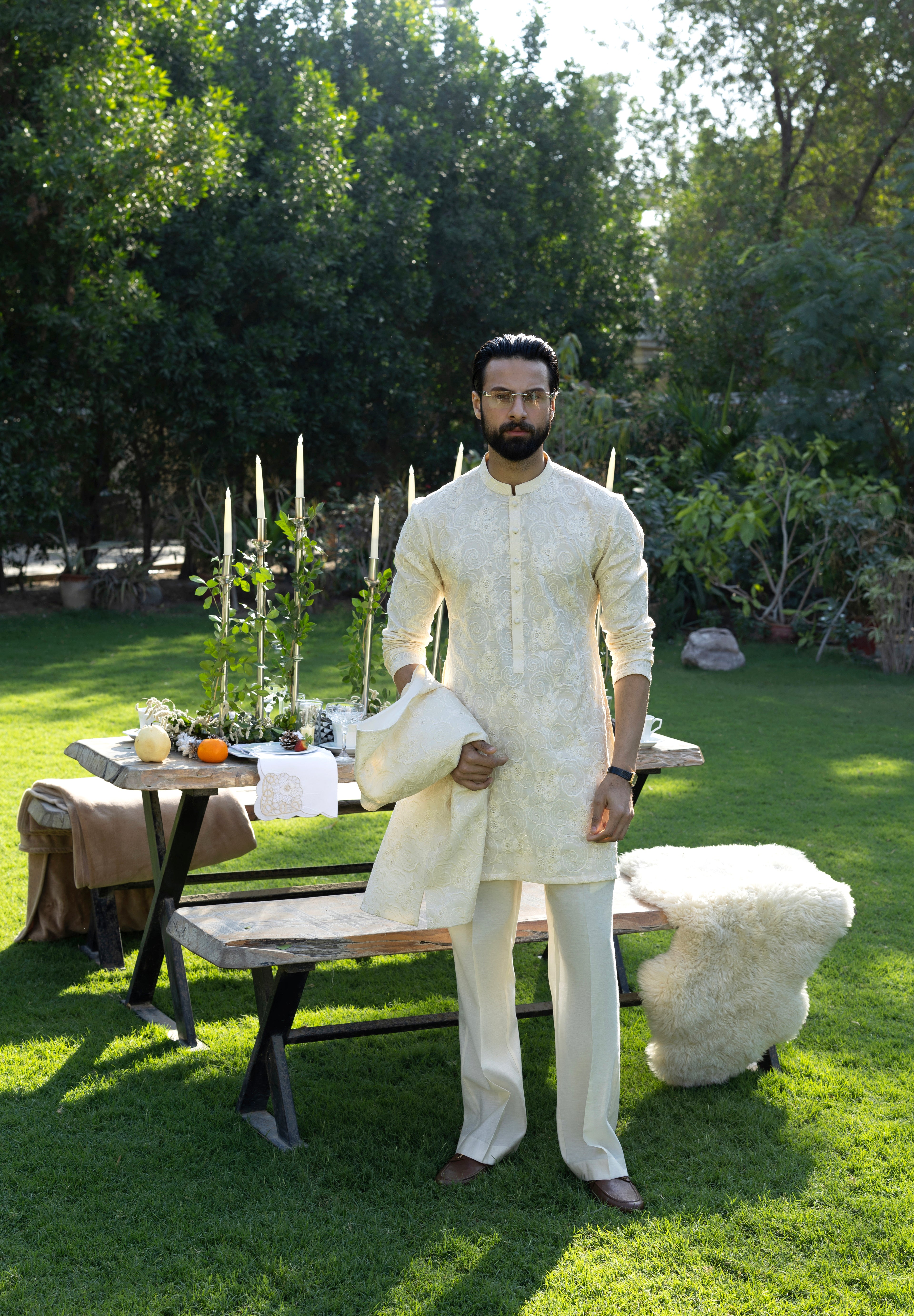 Beige Phool Kaari Kurta Pajama