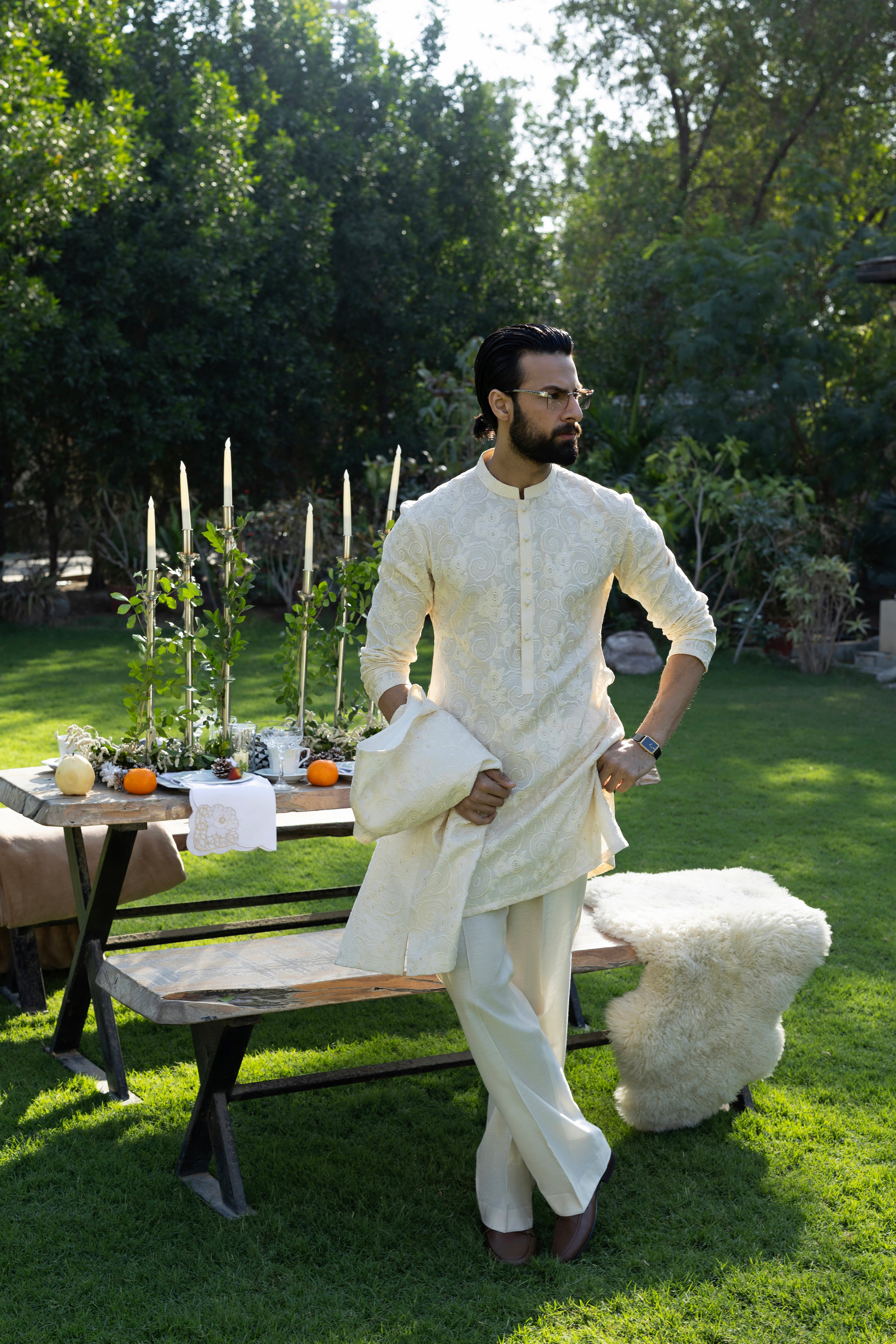 Beige Phool Kaari Kurta Pajama