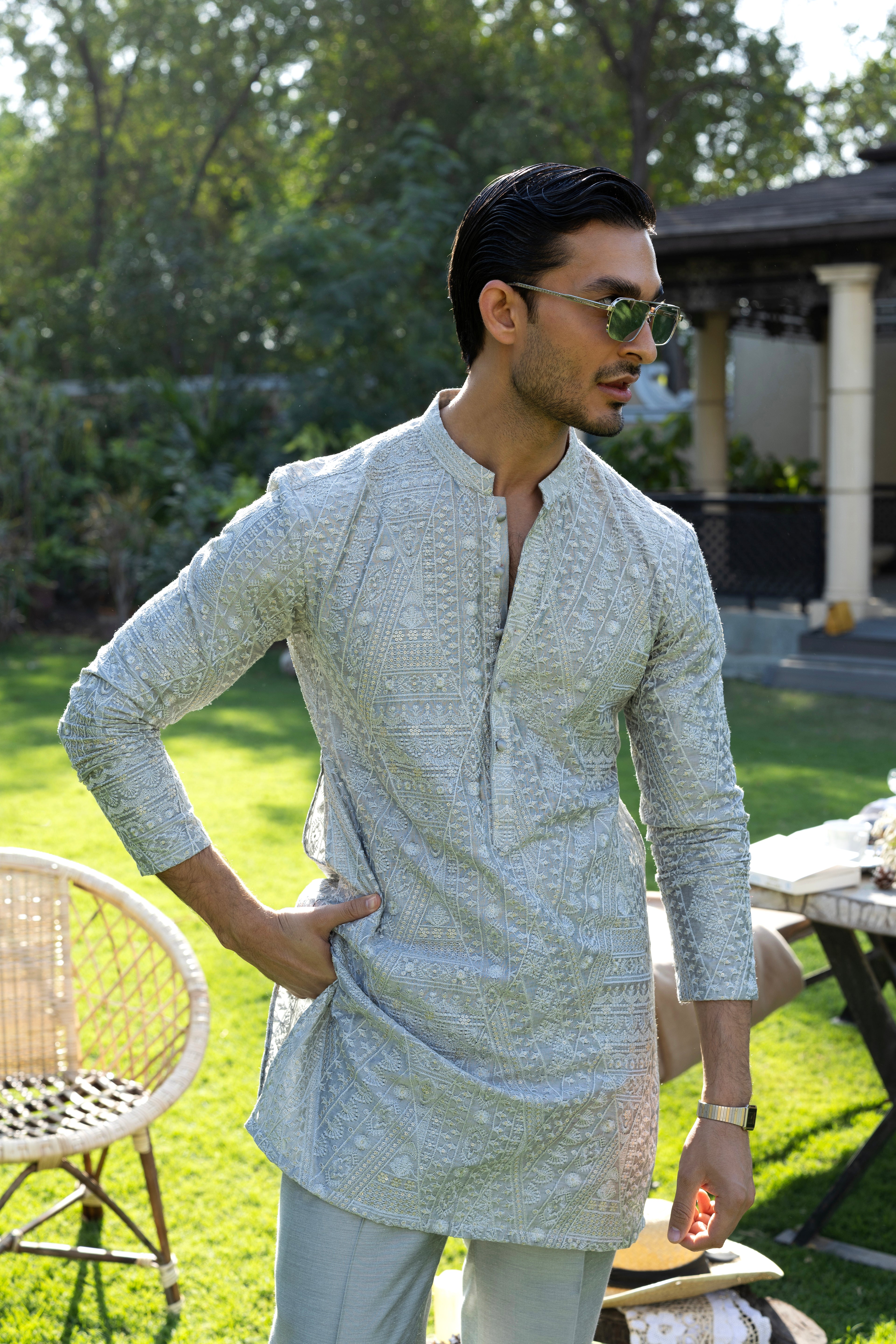 Silver Grey Tarqee Kurta Pajama