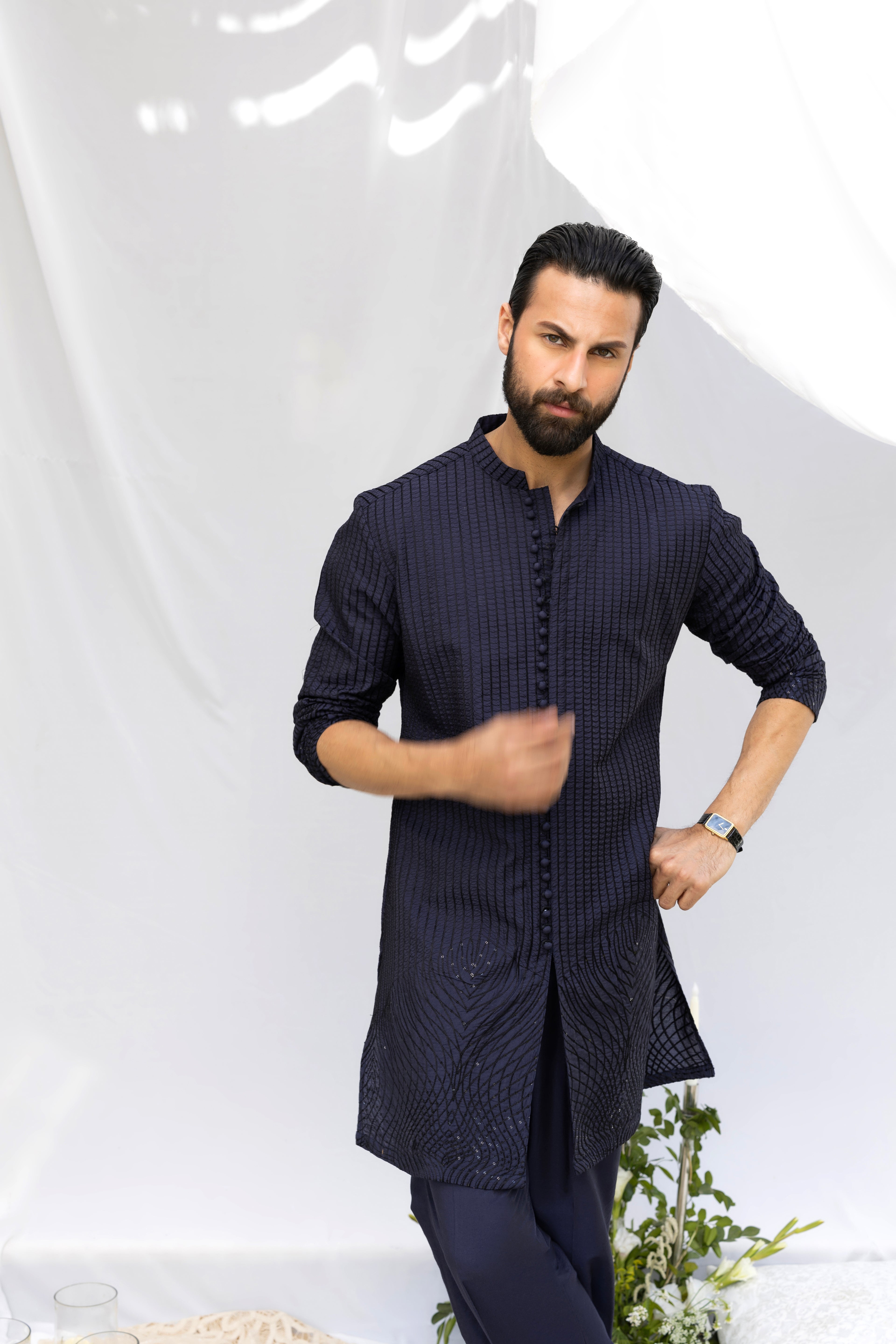 Navy Blue Zardozi Kurta Pajama